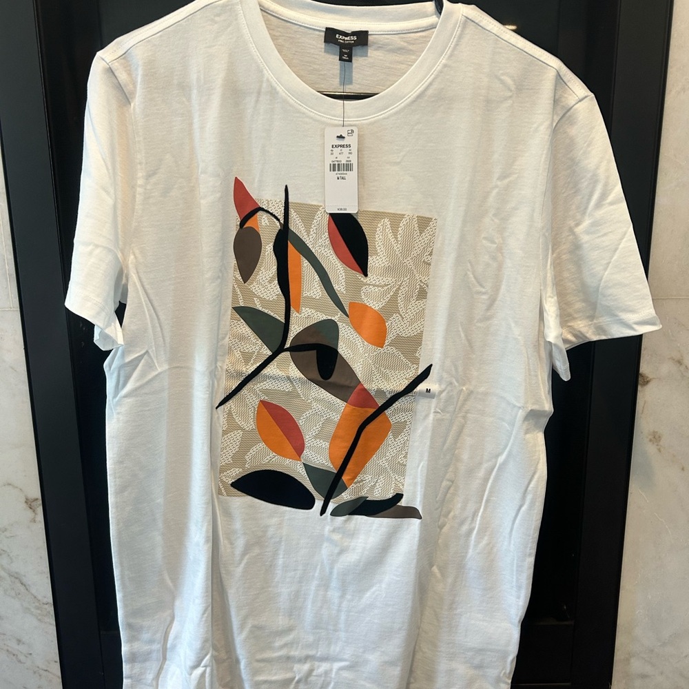 Express Men's White Tee with Colorful Abstract Design